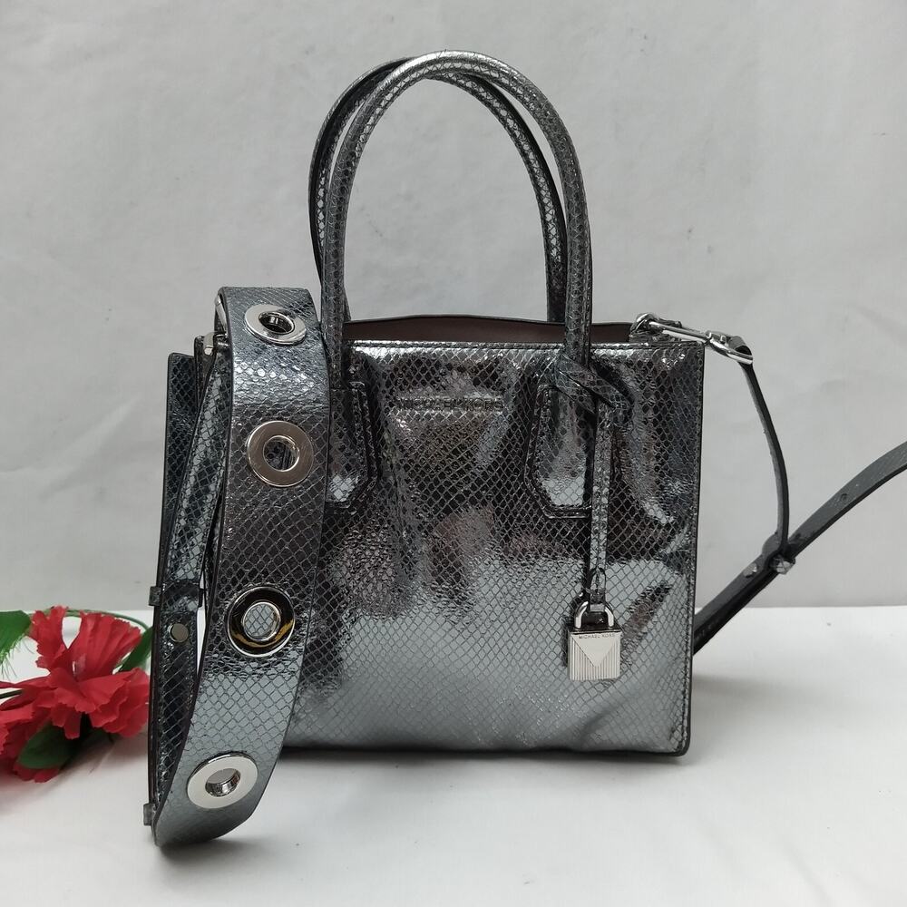 MICHAEL KORS Mercer Metallic Gray Leather Snakeskin Embossed Crossbody Bag